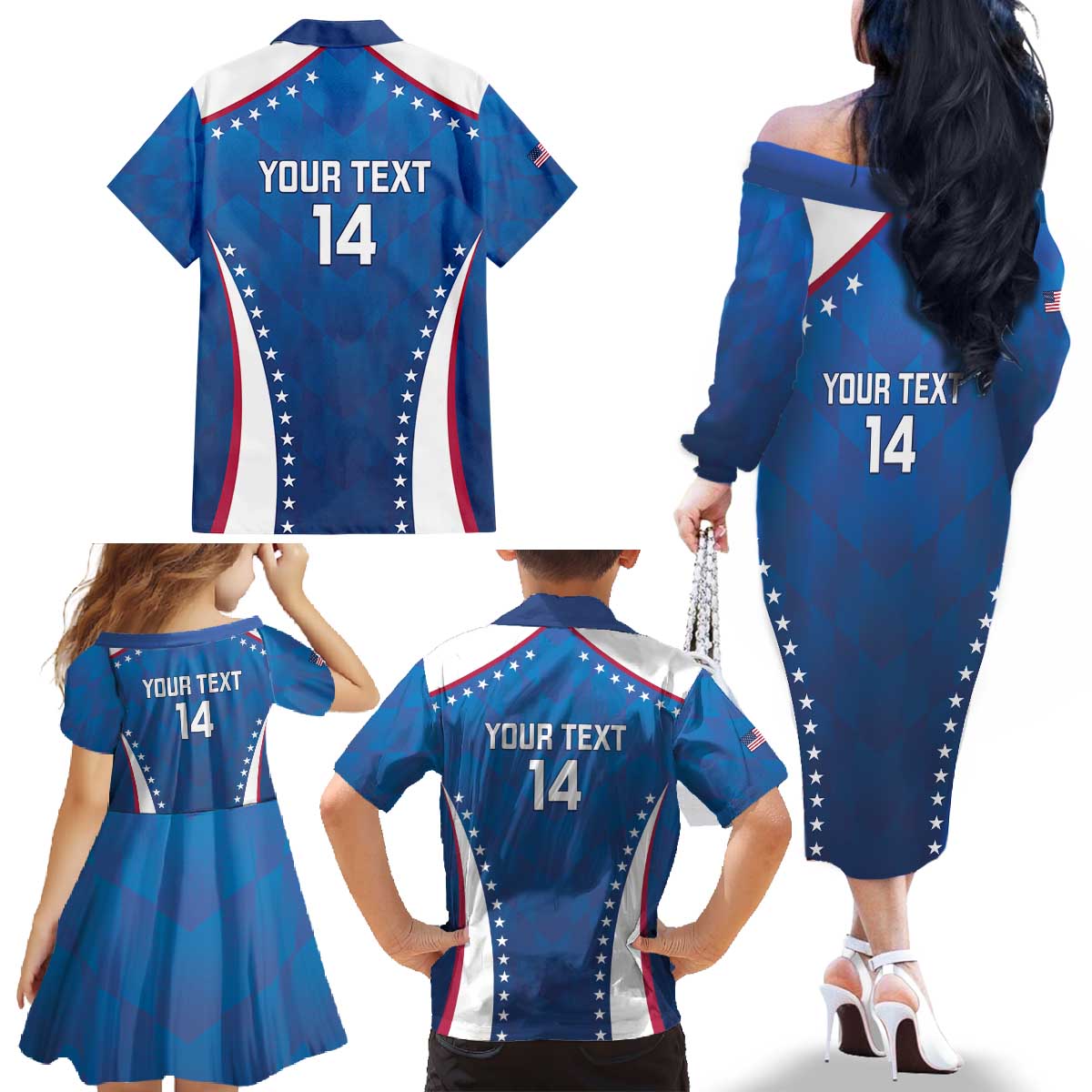 Custom USA 2025 Volleyball Family Matching Off The Shoulder Long Sleeve Dress and Hawaiian Shirt Sporty Style