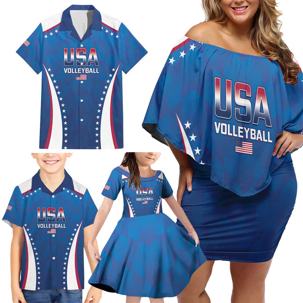 Custom USA 2025 Volleyball Family Matching Off Shoulder Short Dress and Hawaiian Shirt Sporty Style