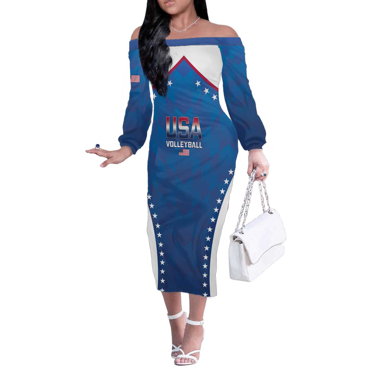 Custom USA 2025 Volleyball Off The Shoulder Long Sleeve Dress Sporty Style