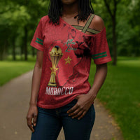 Morocco Football Custom Cross Shoulder Shirt Atlas Lions Champions African Red Islamic Pattern