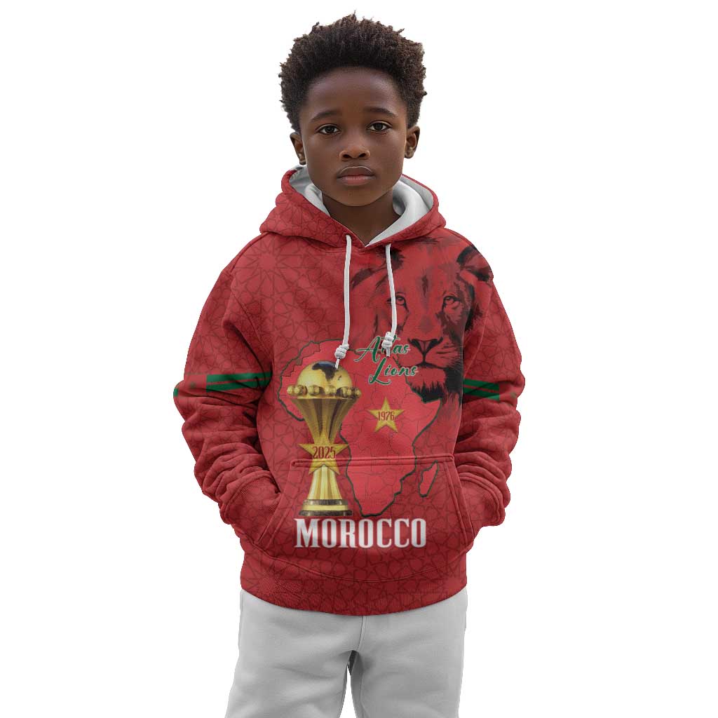 Morocco Football Custom Kid Hoodie Atlas Lions Champions African Red Islamic Pattern