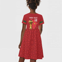 Morocco Football Custom Kid Short Sleeve Dress Atlas Lions Champions African Red Islamic Pattern