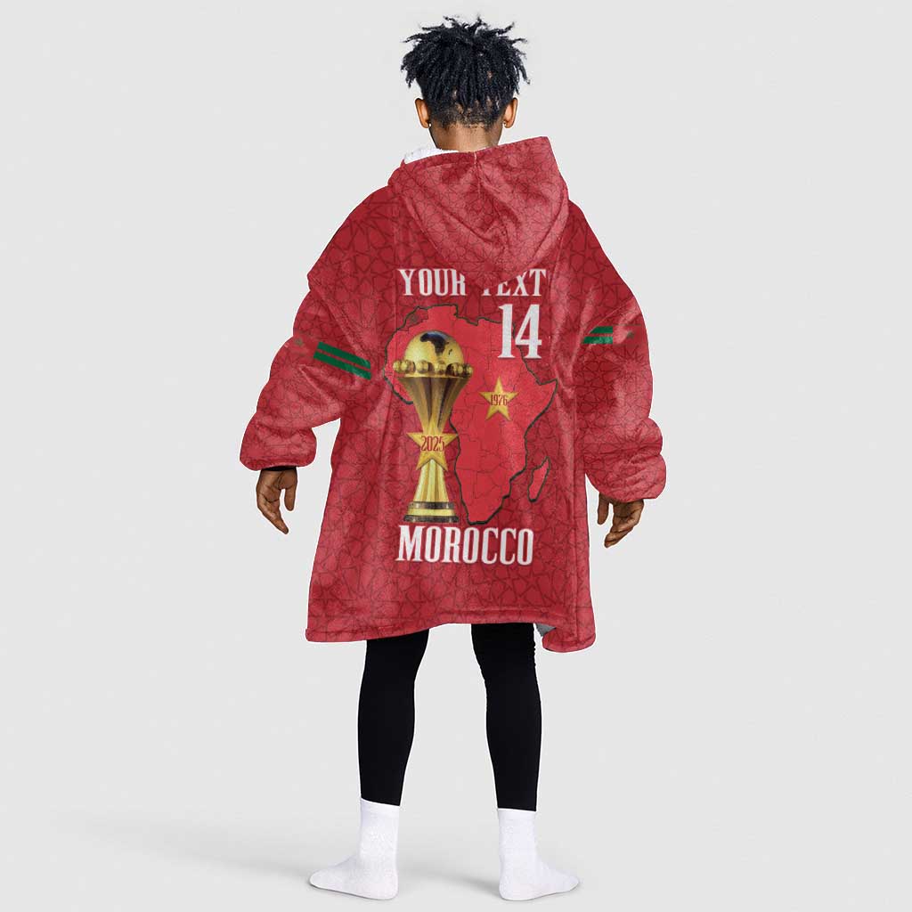 Morocco Football Custom Kid Wearable Blanket Hoodie Atlas Lions Champions African Red Islamic Pattern