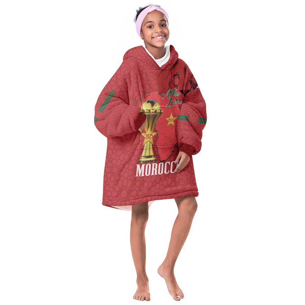 Morocco Football Custom Kid Wearable Blanket Hoodie Atlas Lions Champions African Red Islamic Pattern