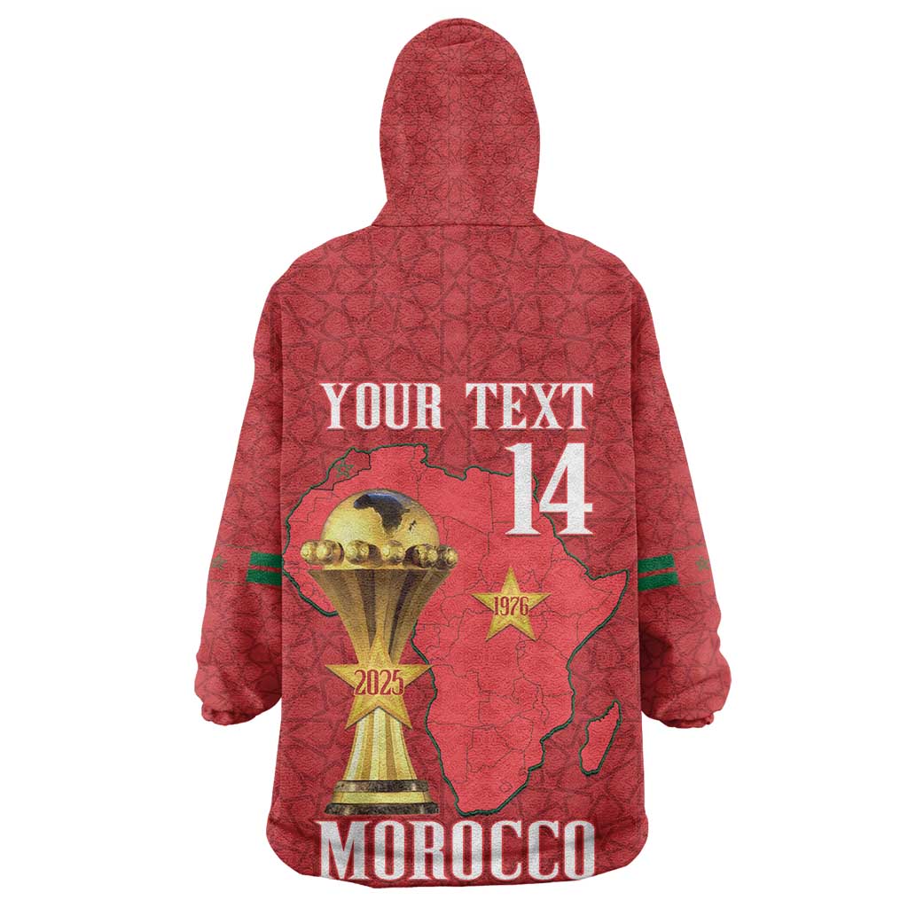 Morocco Football Custom Kid Wearable Blanket Hoodie Atlas Lions Champions African Red Islamic Pattern