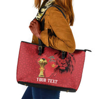 Morocco Football Custom Leather Tote Bag Atlas Lions Champions African Red Islamic Pattern
