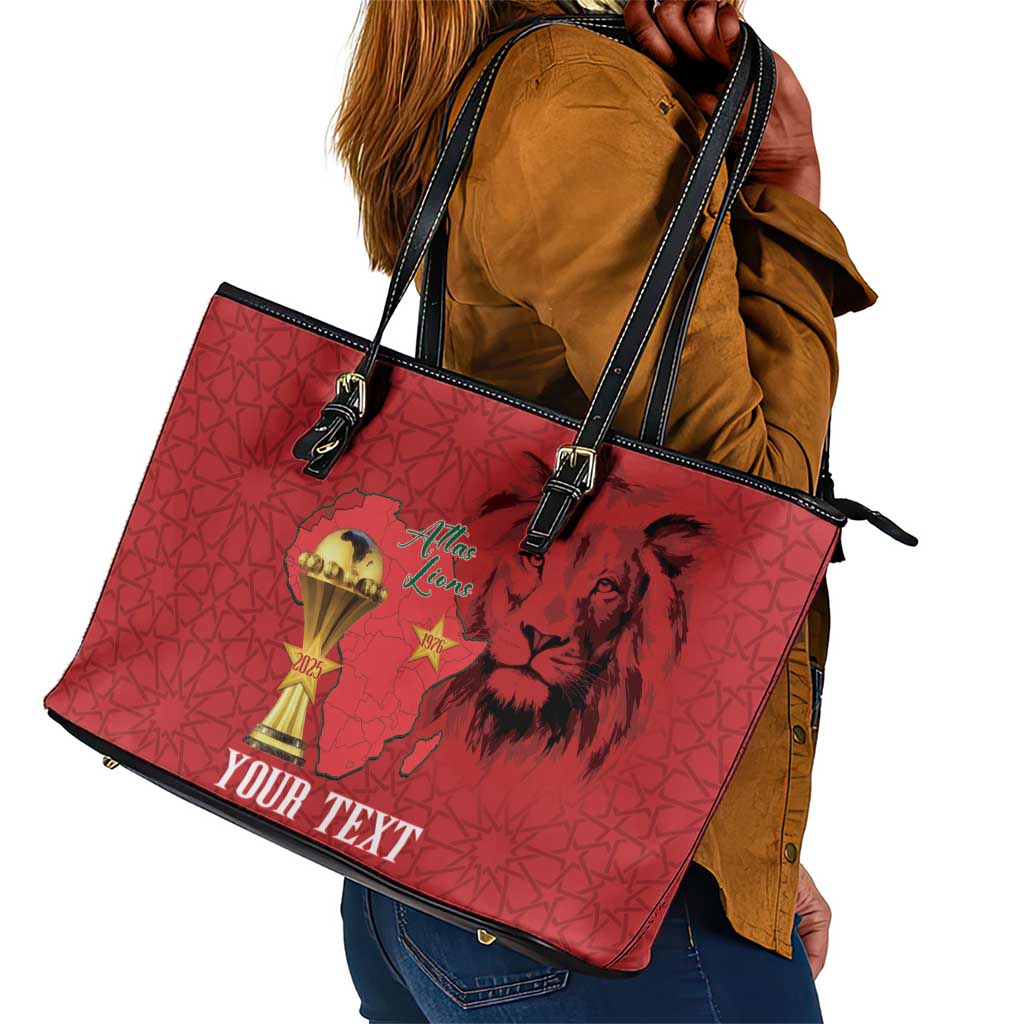 Morocco Football Custom Leather Tote Bag Atlas Lions Champions African Red Islamic Pattern