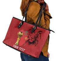 Morocco Football Custom Leather Tote Bag Atlas Lions Champions African Red Islamic Pattern