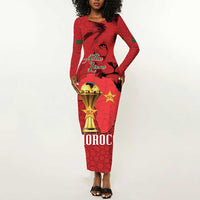 Morocco Football Custom Long Sleeve Bodycon Dress Atlas Lions Champions African Red Islamic Pattern