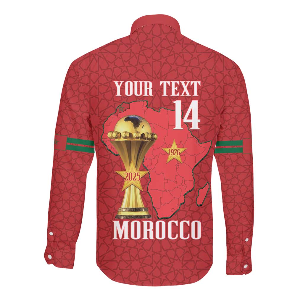 Morocco Football Custom Long Sleeve Button Shirt Atlas Lions Champions African Red Islamic Pattern