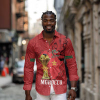 Morocco Football Custom Long Sleeve Button Shirt Atlas Lions Champions African Red Islamic Pattern