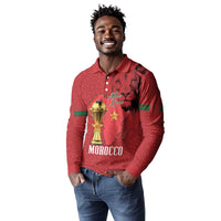 Morocco Football Custom Long Sleeve Polo Shirt Atlas Lions Champions African Red Islamic Pattern
