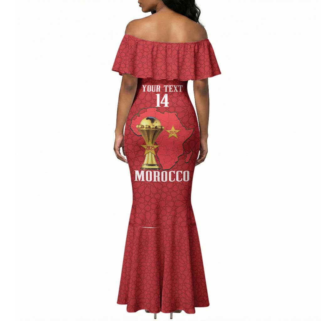 Morocco Football Custom Mermaid Dress Atlas Lions Champions African Red Islamic Pattern