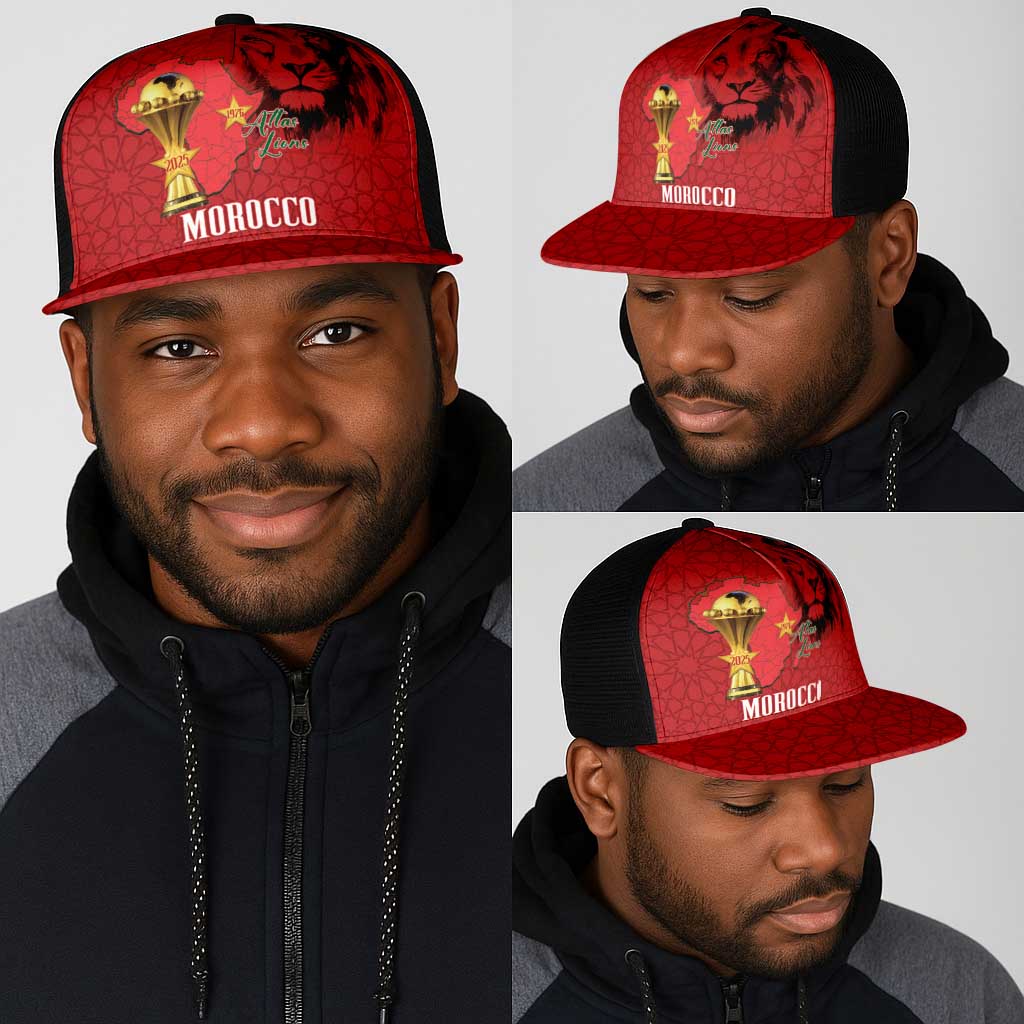 Morocco Football Mesh Trucker Cap Atlas Lions Champions African Red Islamic Pattern