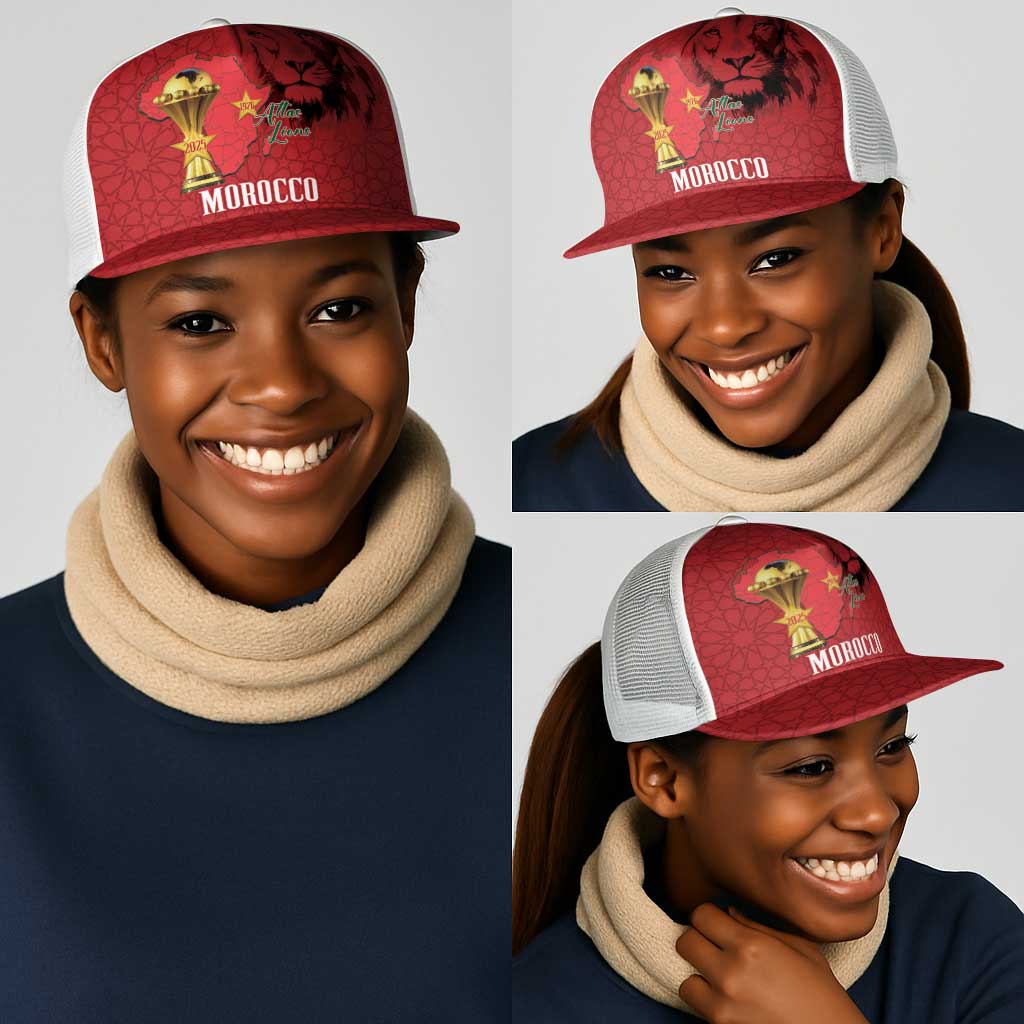 Morocco Football Mesh Trucker Cap Atlas Lions Champions African Red Islamic Pattern