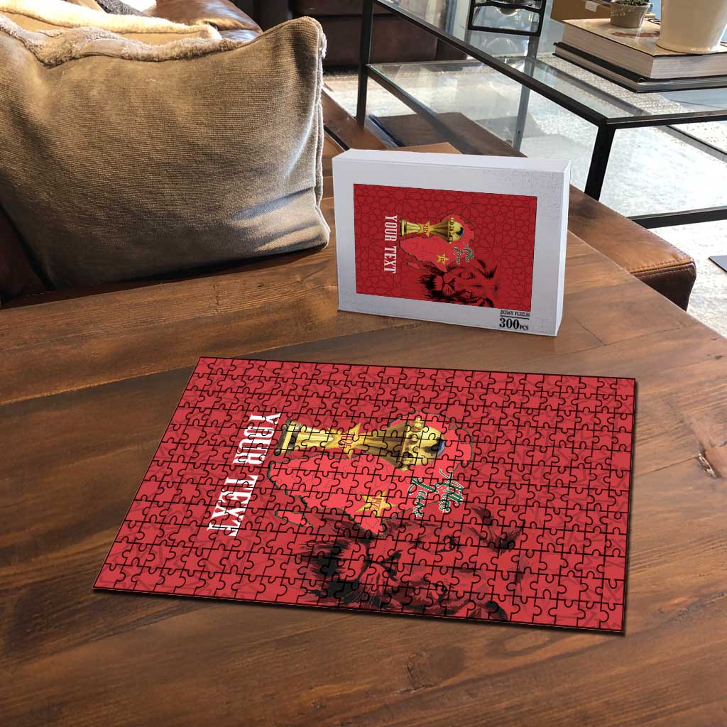 Morocco Football Custom Puzzle Atlas Lions Champions African Red Islamic Pattern