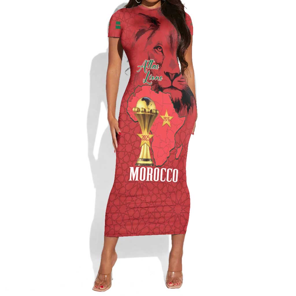 Morocco Football Custom Short Sleeve Bodycon Dress Atlas Lions Champions African Red Islamic Pattern