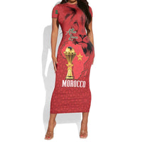 Morocco Football Custom Short Sleeve Bodycon Dress Atlas Lions Champions African Red Islamic Pattern