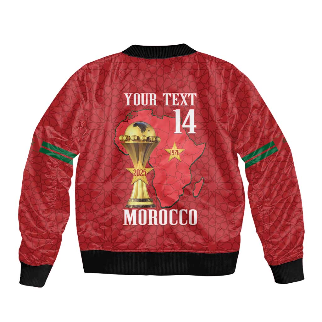 Morocco Football Custom Sleeve Zip Bomber Jacket Atlas Lions Champions African Red Islamic Pattern
