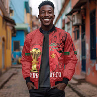 Morocco Football Custom Sleeve Zip Bomber Jacket Atlas Lions Champions African Red Islamic Pattern