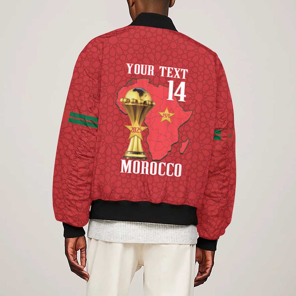 Morocco Football Custom Sleeve Zip Bomber Jacket Atlas Lions Champions African Red Islamic Pattern