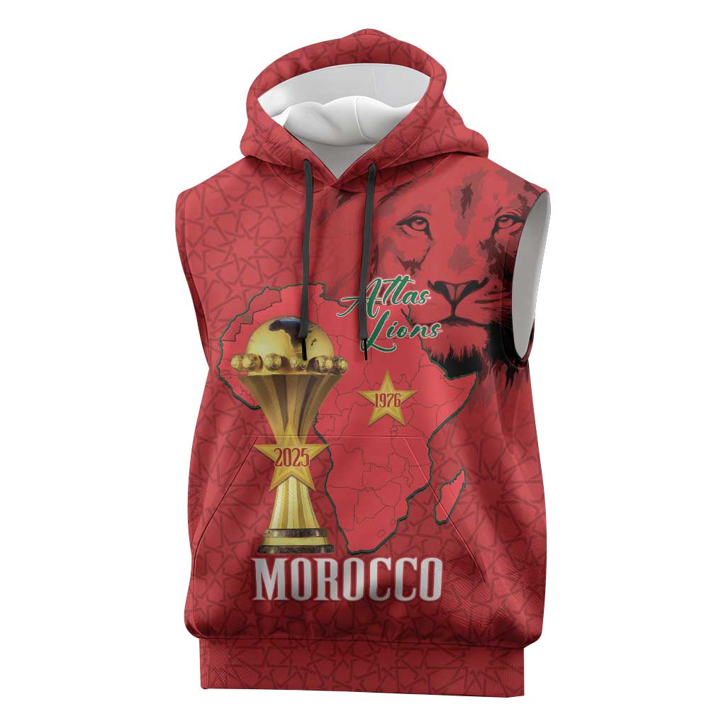 Morocco Football Custom Sleeveless Hoodie Atlas Lions Champions African Red Islamic Pattern
