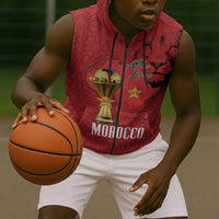 Morocco Football Custom Sleeveless Zip Hoodie Atlas Lions Champions African Red Islamic Pattern