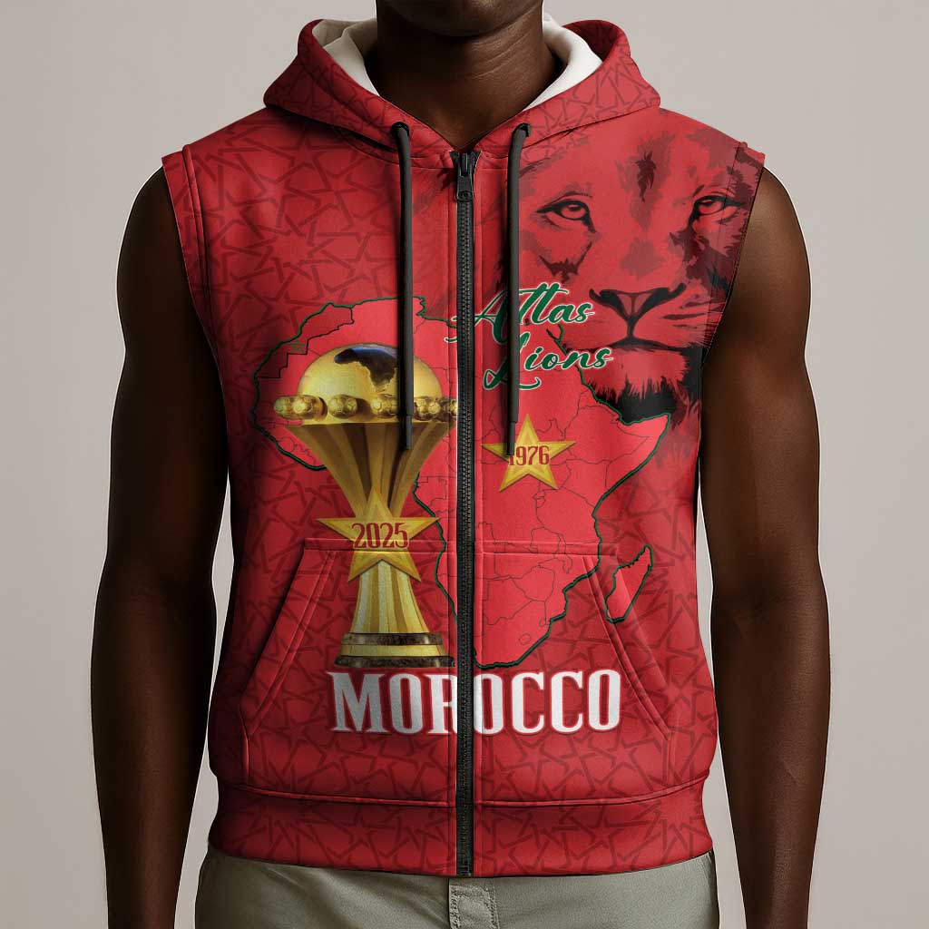Morocco Football Custom Sleeveless Zip Hoodie Atlas Lions Champions African Red Islamic Pattern