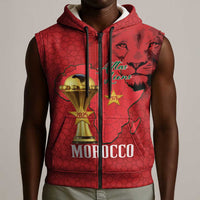 Morocco Football Custom Sleeveless Zip Hoodie Atlas Lions Champions African Red Islamic Pattern