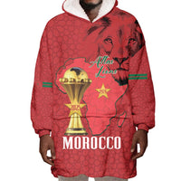 Morocco Football Custom Wearable Blanket Hoodie Atlas Lions Champions African Red Islamic Pattern