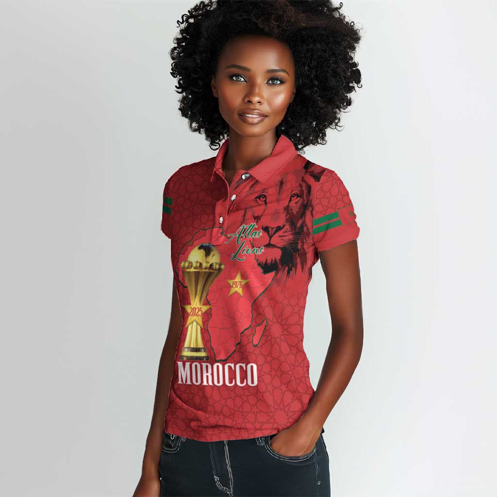 Morocco Football Custom Women Polo Shirt Atlas Lions Champions African Red Islamic Pattern