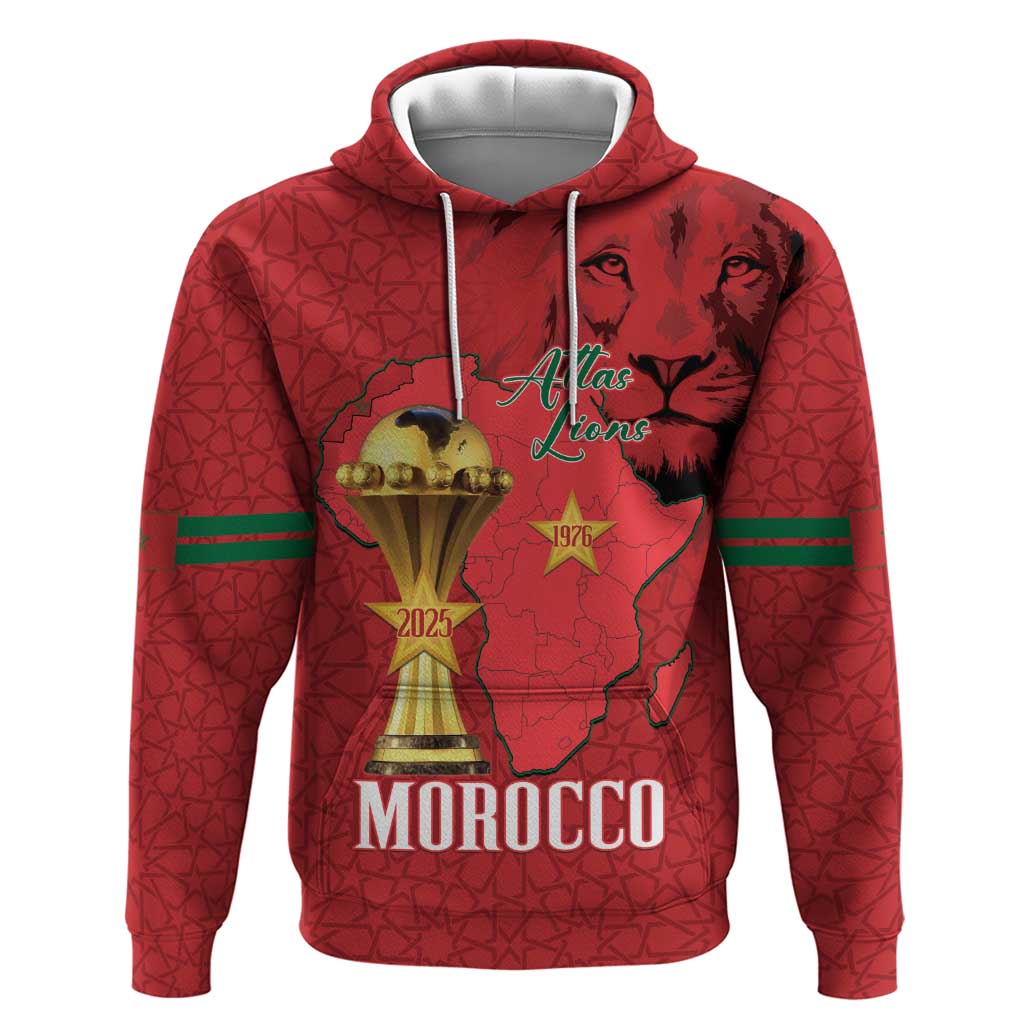 Morocco Football Custom Zip Hoodie Atlas Lions Champions African Red Islamic Pattern