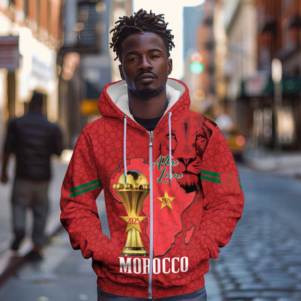 Morocco Football Custom Zip Hoodie Atlas Lions Champions African Red Islamic Pattern