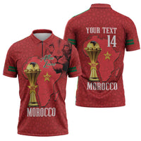 Morocco Football Custom Zipper Polo Shirt Atlas Lions Champions African Red Islamic Pattern