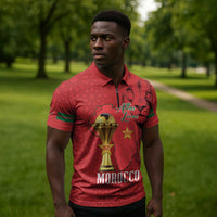 Morocco Football Custom Zipper Polo Shirt Atlas Lions Champions African Red Islamic Pattern