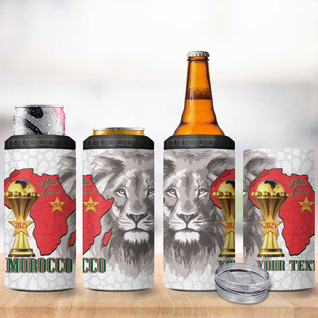 Morocco Football Custom 4 in 1 Can Cooler Tumbler Atlas Lions Champions African White Islamic Pattern