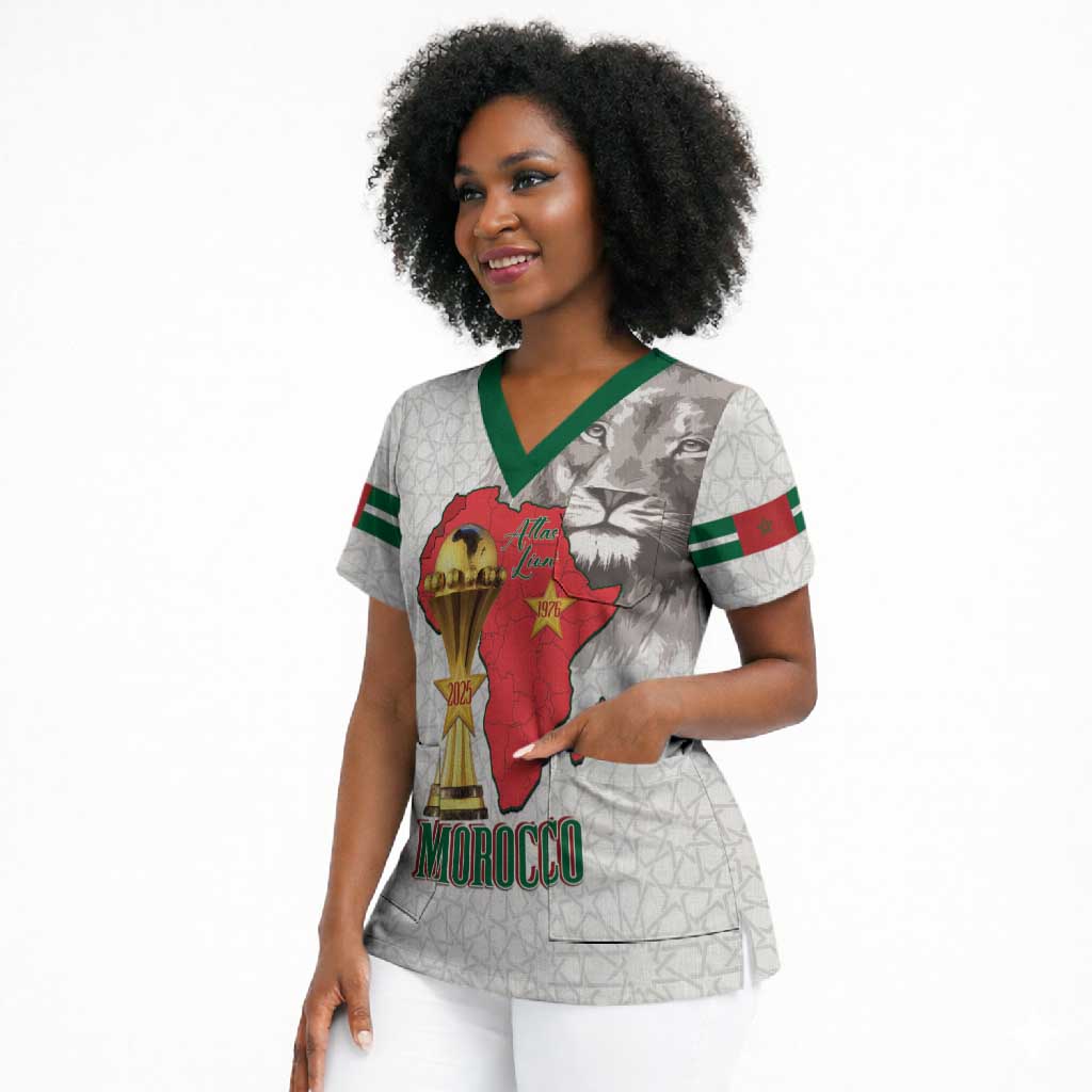 Morocco Football Custom Scrub Top Atlas Lions Champions African White Islamic Pattern