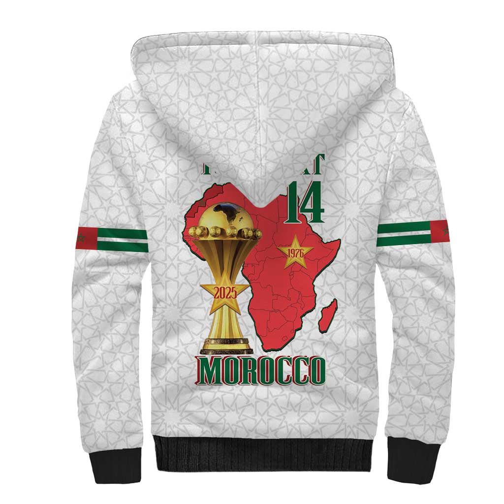 Morocco Football Custom Sherpa Hoodie Atlas Lions Champions African White Islamic Pattern