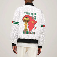 Morocco Football Custom Sleeve Zip Bomber Jacket Atlas Lions Champions African White Islamic Pattern