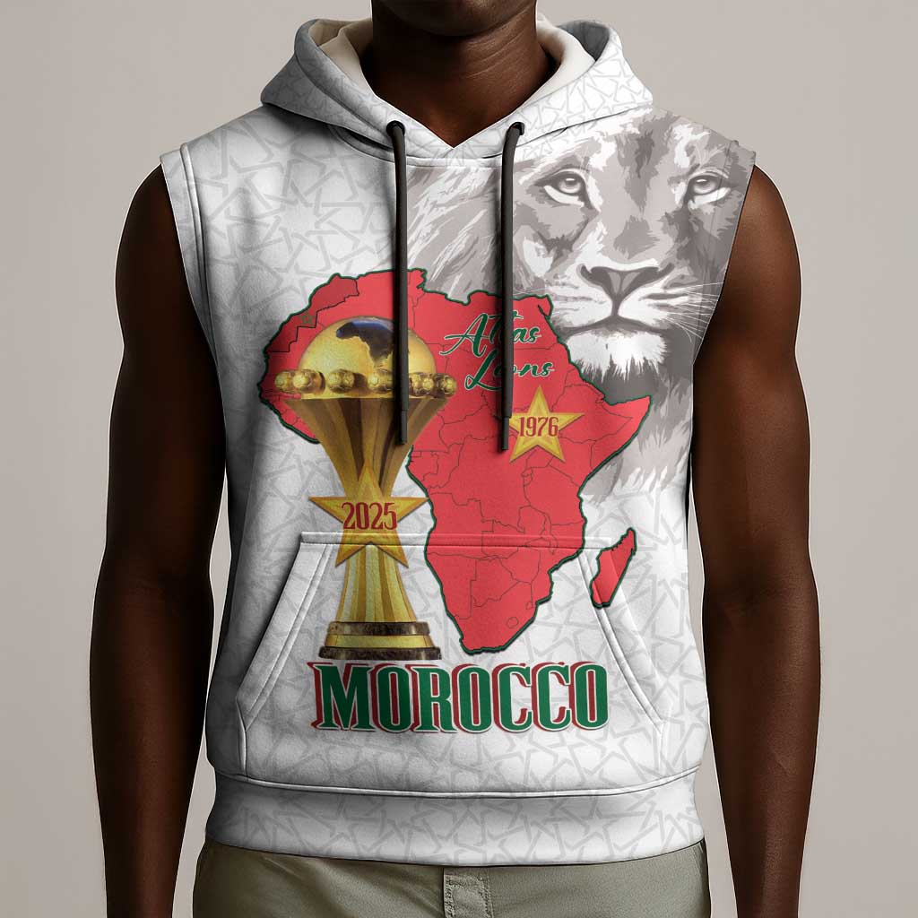 Morocco Football Custom Sleeveless Hoodie Atlas Lions Champions African White Islamic Pattern