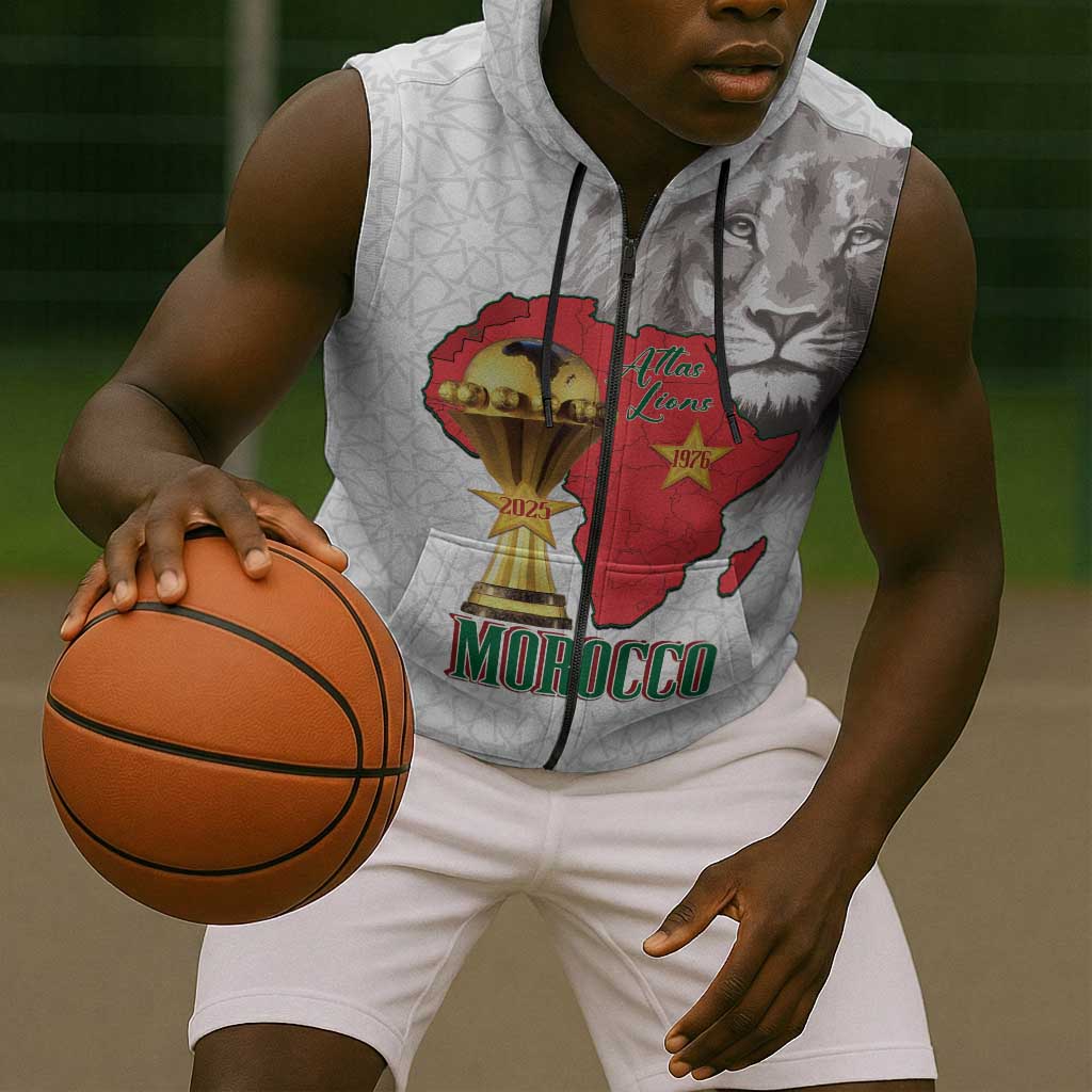 Morocco Football Custom Sleeveless Zip Hoodie Atlas Lions Champions African White Islamic Pattern