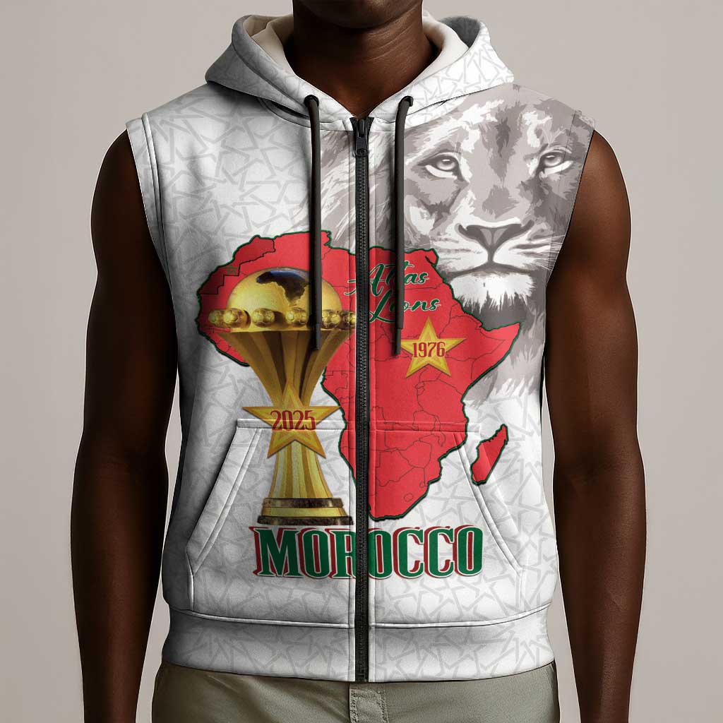 Morocco Football Custom Sleeveless Zip Hoodie Atlas Lions Champions African White Islamic Pattern