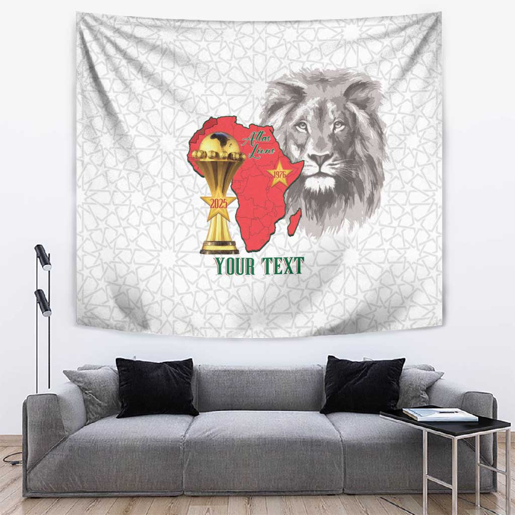Morocco Football Custom Tapestry Atlas Lions Champions African White Islamic Pattern