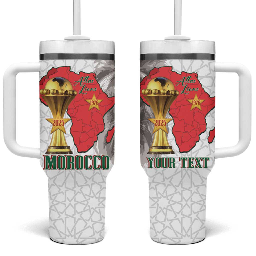 Morocco Football Custom Tumbler With Handle Atlas Lions Champions African White Islamic Pattern
