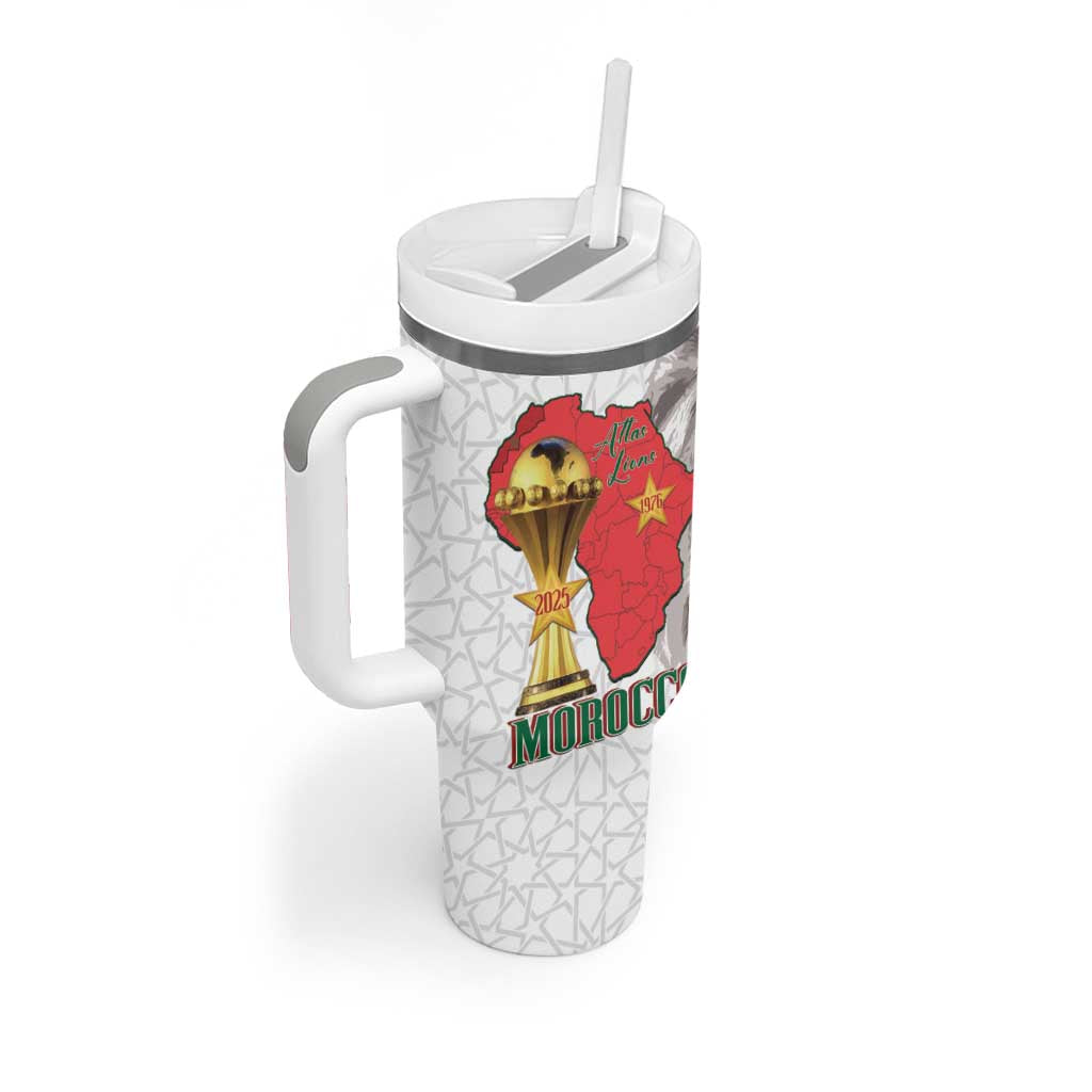 Morocco Football Custom Tumbler With Handle Atlas Lions Champions African White Islamic Pattern