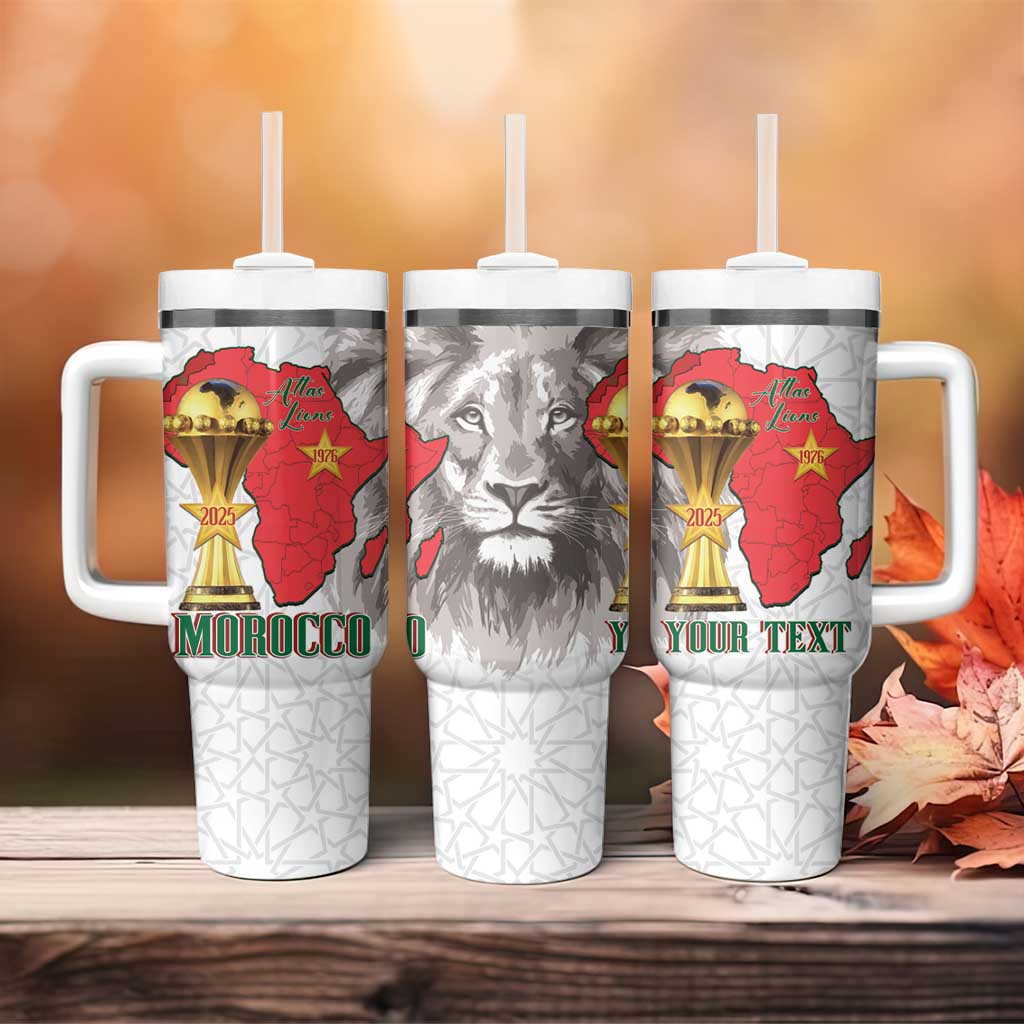 Morocco Football Custom Tumbler With Handle Atlas Lions Champions African White Islamic Pattern