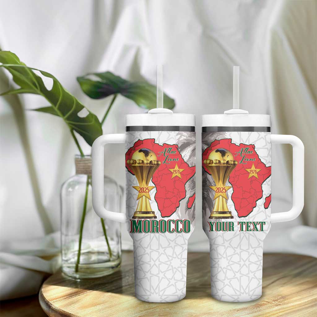 Morocco Football Custom Tumbler With Handle Atlas Lions Champions African White Islamic Pattern