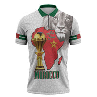 Morocco Football Custom Zipper Polo Shirt Atlas Lions Champions African White Islamic Pattern