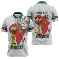 Morocco Football Custom Zipper Polo Shirt Atlas Lions Champions African White Islamic Pattern