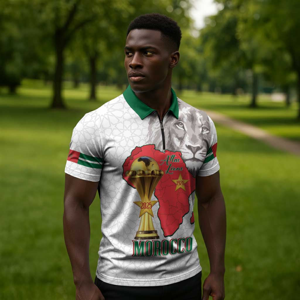 Morocco Football Custom Zipper Polo Shirt Atlas Lions Champions African White Islamic Pattern
